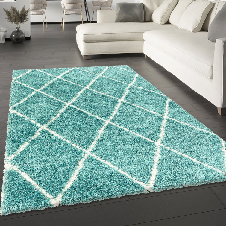 Ebern Designs Blue Rug Teal Fluffy Shaggy Carpet Soft Thick Large Small